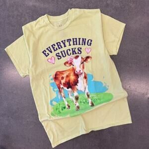 Vintage Y2k Everything Sucks Cow Short Sleeve Green Graphic Tee Farm Medium